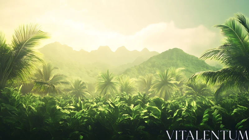 Tropical valley landscape with palm-dominated vegetation and distant mountains
