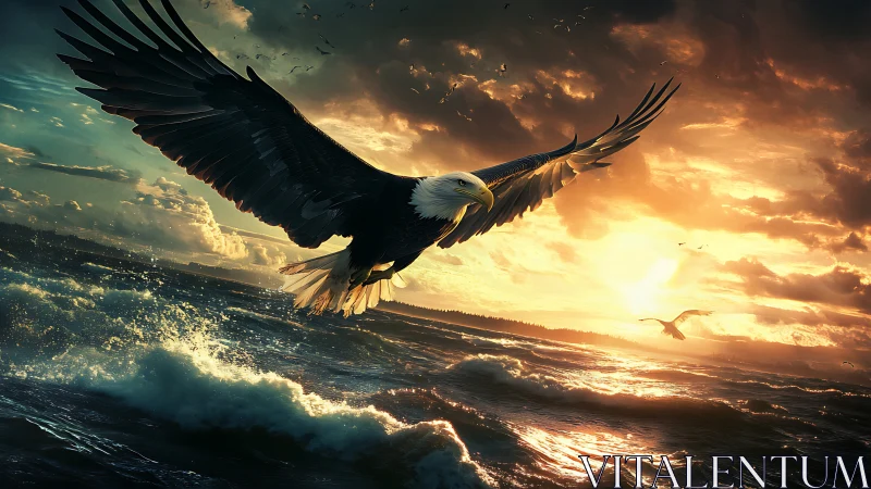 Majestic Bald Eagle Soaring Over Ocean Waves at Vibrant Sunset.