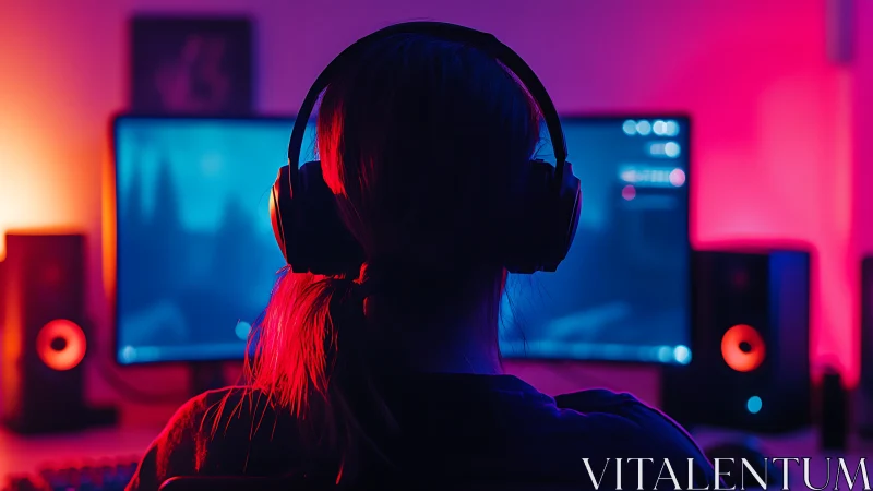 Person with headphones at dual-monitor gaming workstation.