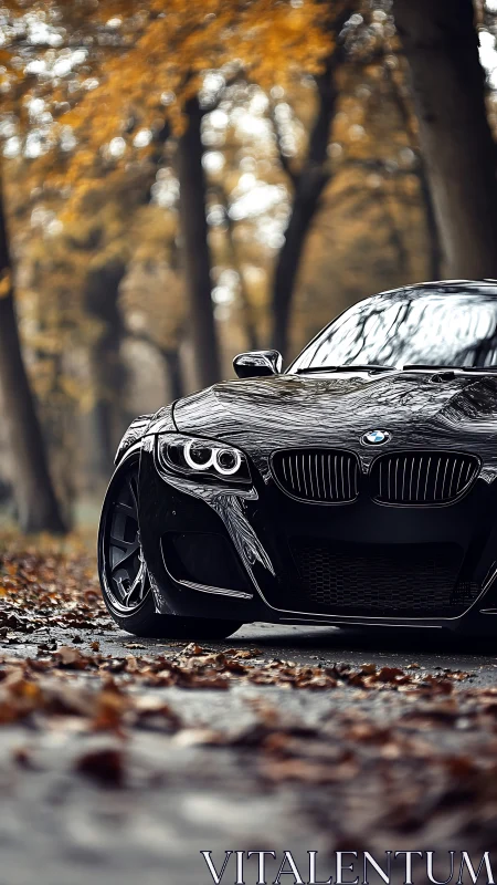 Black coupe parked on leaf-covered forest road in autumn.
