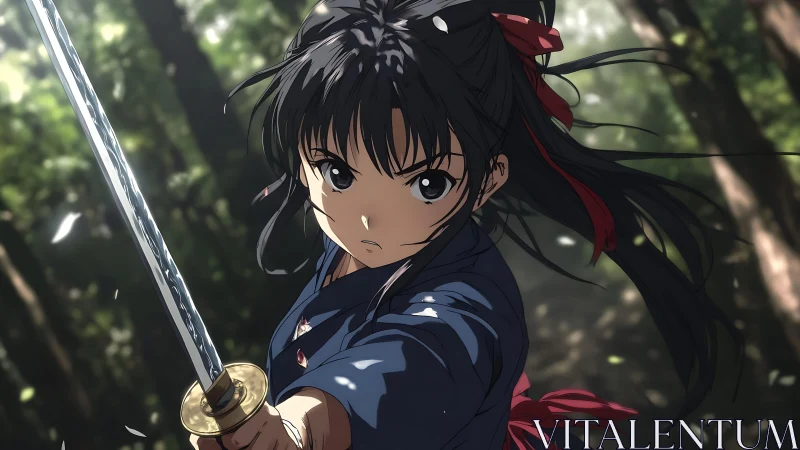Forest steel catches sunlight as a fierce swordswoman lunges