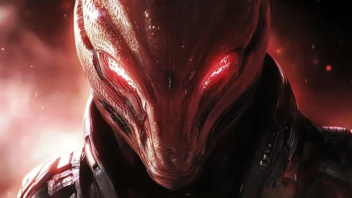 Alien warlord portrait under burning crimson light.