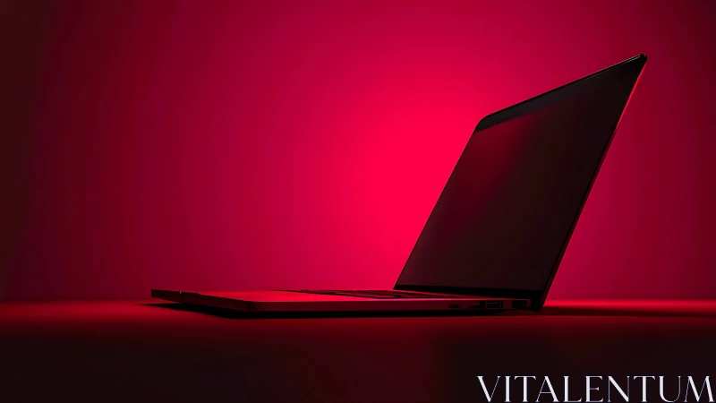 Sleek laptop aglow in bold red light, ready for ideas.