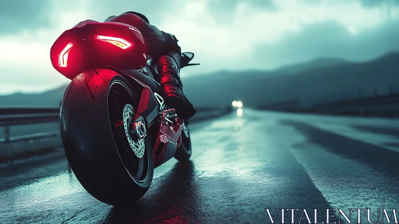 High-performance superbike accelerates on rain-soaked highway