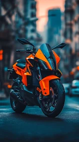 Neon street predator: orange superbike in urban dusk glow.