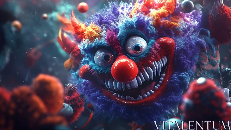 Neon nightmare clown drifts through cotton candy chaos.