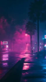 Neon fog boulevard with dreaming palms at midnight hush.