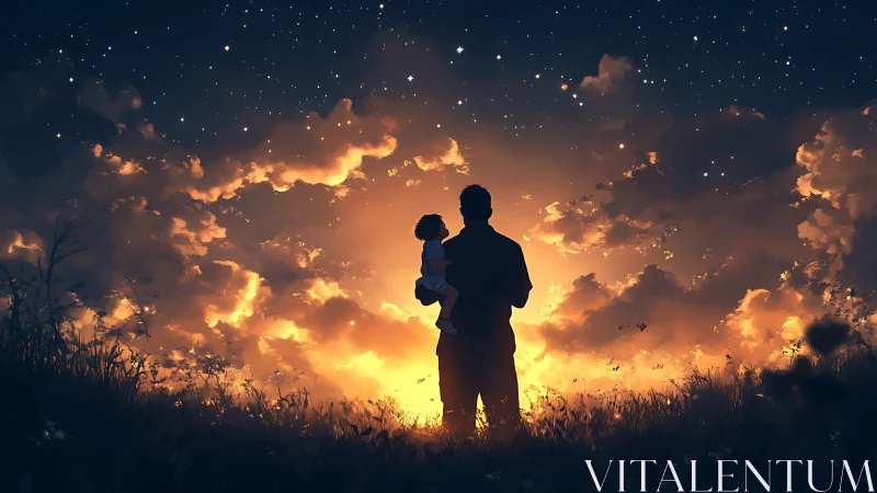Silhouetted parent holding child against glowing night sky.