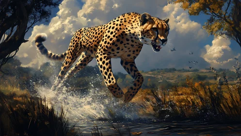Leaping Cheetah Mid-Sprint: Dynamic Feline Predator in Motion.