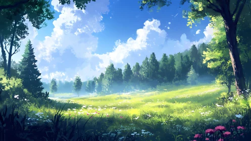 Tree-framed meadow under cumulus clouds and clear sky.