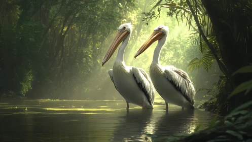 Three pelicans standing in shallow forest water at sunrise.