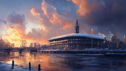 Snowlit riverside pavilion quietly catches a burning sunset