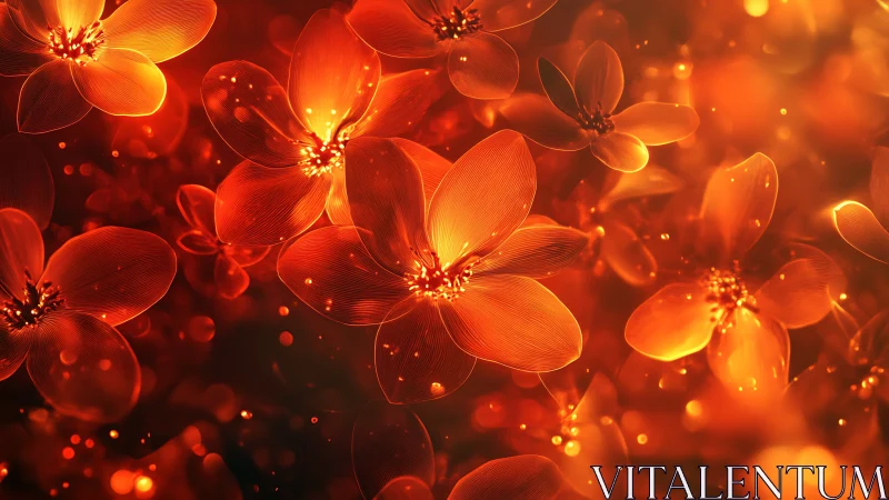 Luminous Red-Orange Flowers with Glowing Particles