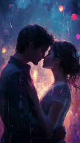 Cyberpunk Romance: Two Figures in Neon Rain.