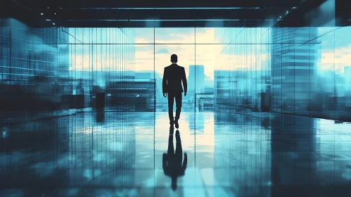 Silhouetted professional walks through futuristic glass corridors with urban skyline views