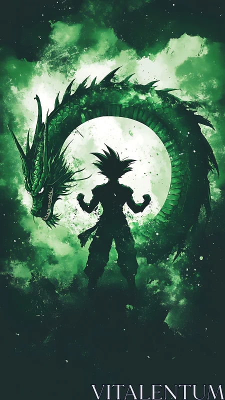 Silhouetted warrior with celestial dragon in emerald void.