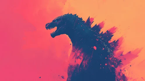 Silhouetted reptilian kaiju rendered against duotone gradient field