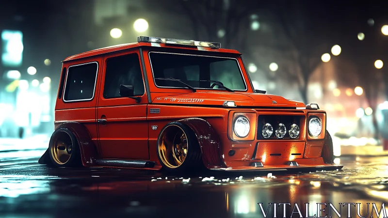 Low-slung neon city mini SUV prowling wet midnight streets.