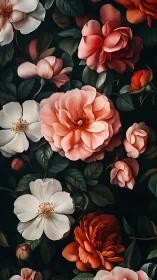Botanical Study: Peonies and Roses on Dark Background