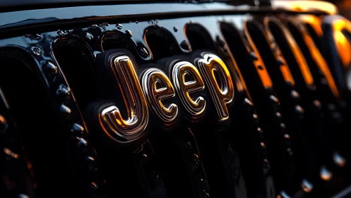 Chrome Jeep badge drinks the sunset in glossy close-up