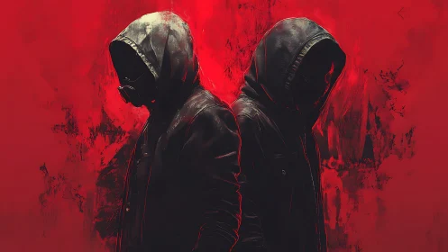 Shadowed hooded duo standing strong in vivid red silence.