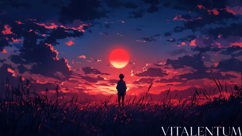 Silhouette boy watches blazing crimson sunset horizon sky.