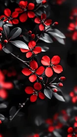 Red Flowers with Dark Foliage Against Black Background