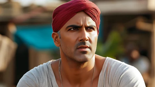 Man wearing red turban looks ahead in outdoor setting