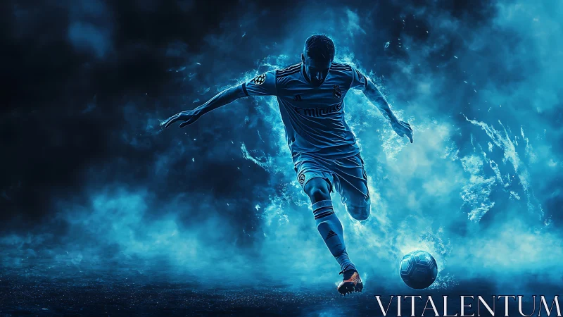 Soccer player in dynamic blue smoke digital composition.