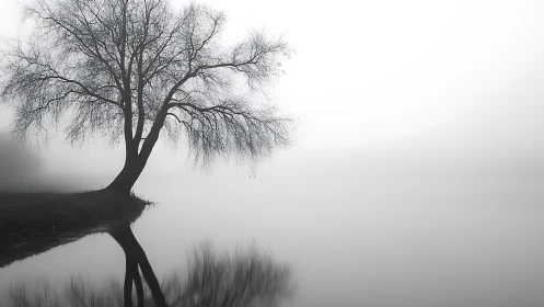 Solitary winter tree reflects across mist-covered still water