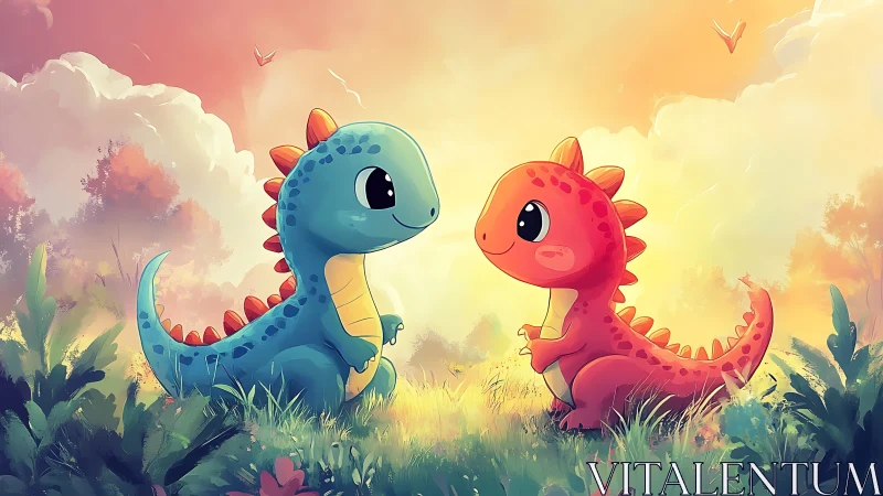 Cute blue and red baby dinosaurs in soft sunset field.
