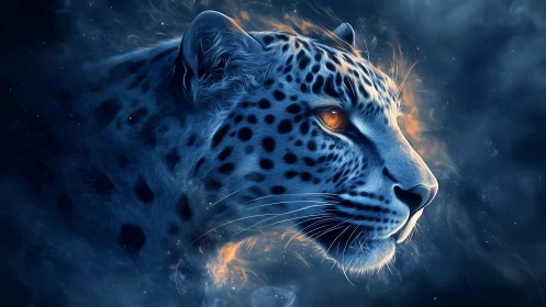 Snow Leopard Digital Artwork with Glowing Eyes and Cosmic Effects