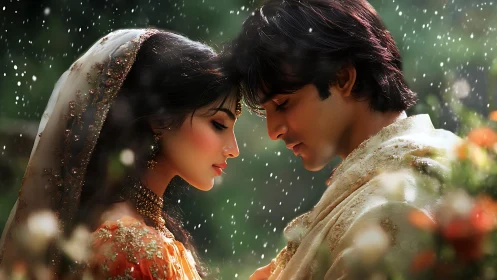 Bride and groom share a tender moment in falling rain