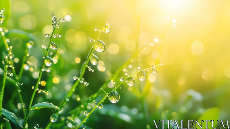 Morning dew drops on fresh grass in glowing sunlight.