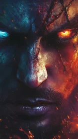 Dual-colored elemental warrior face in intense close-up.