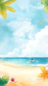 Coastal scene with surfer and tropical vegetation elements.