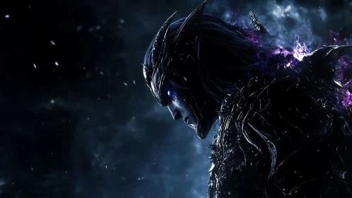 Dark armored elf warrior radiates violet spectral energy