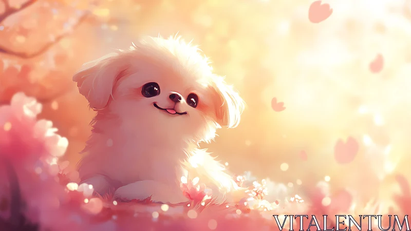 Fluffy white puppy in glowing pastel sakura bokeh field.