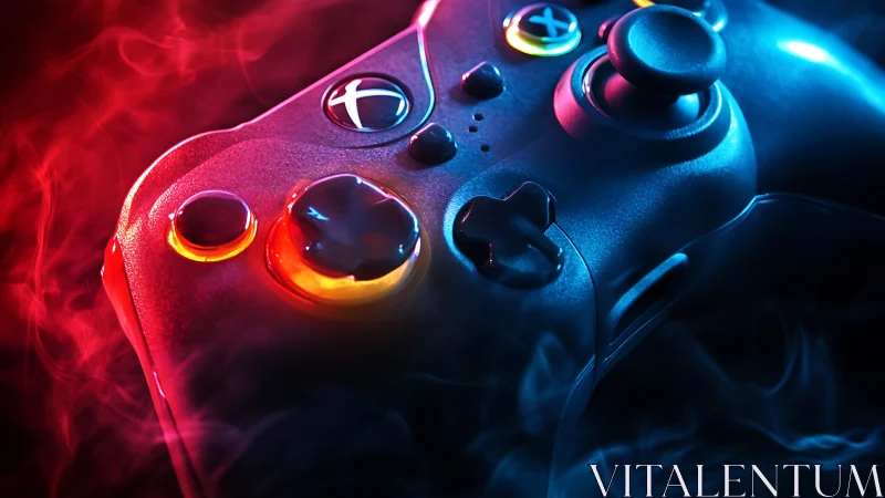 Photorealistic gaming controller in neon vapor lighting design.