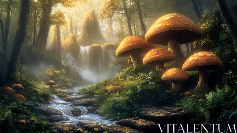 Enchanted forest stream with towering luminescent mushrooms.