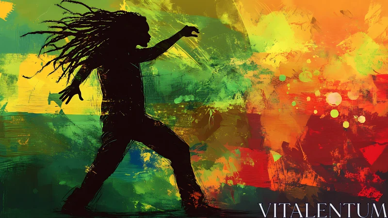 Silhouetted dancer with dreadlocks in vivid abstract color field