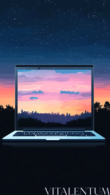 Laptop quietly frames a painted sunset between two nights