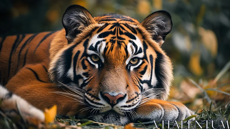 Resting Bengal tiger in shallow depth-of-field portrait study.