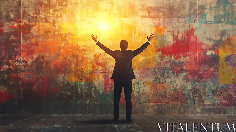 Joyful silhouette greeting a radiant wall of color and light.