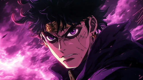 Storm-eyed anime warrior blazing through violet chaos skies.