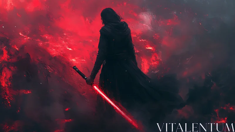 Dark hooded figure with red energy sword in smoky field.