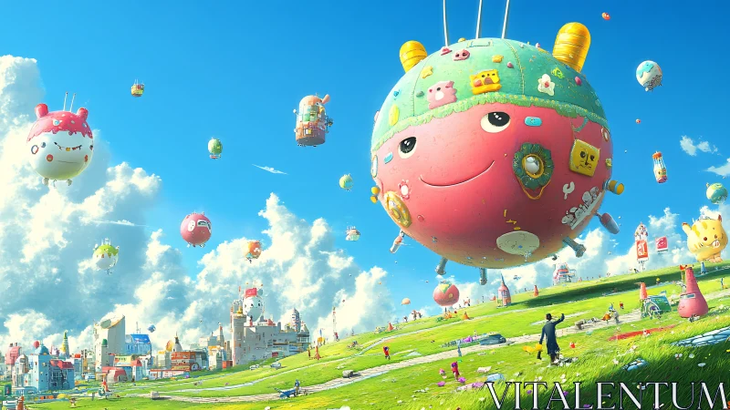 Floating character balloons over stylized grassy cityscape.