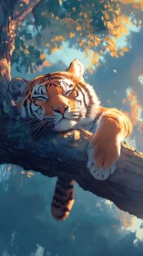 Resting tiger on sunlit branch in atmospheric forest glow.