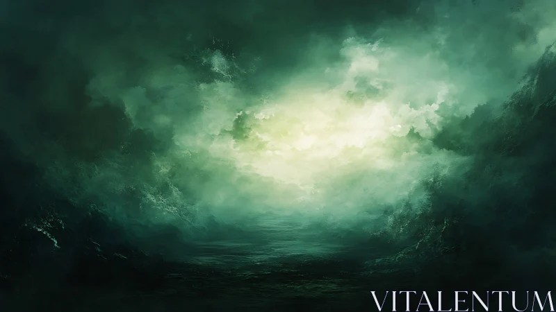 Misty emerald seascape opens toward a quiet, glowing horizon