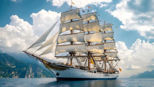 Square-rigged barque under full sail in alpine coastal light.